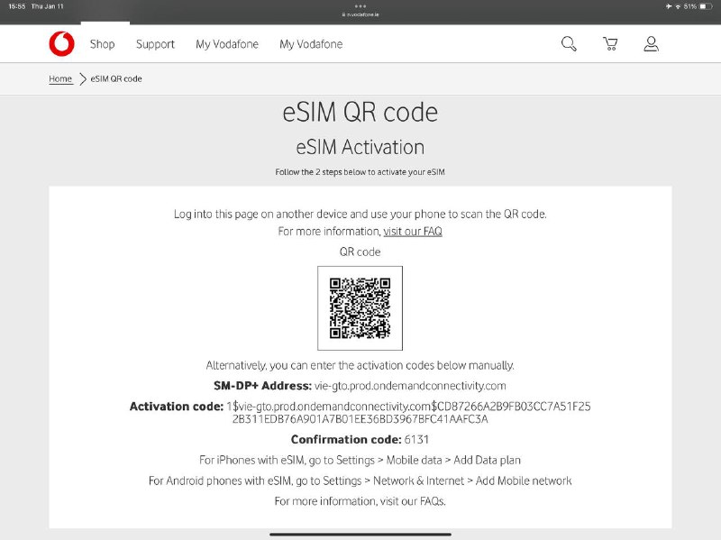 送6个Vodafone IE eSIM抢到了哪个请务必说一声，需要输入验证码confirmation code，看大家运气和手速了哦送6个Vodafone IE eSIM抢到了哪个请务必说一声，需要输入验证码confirmation code，看大家运气和手速了哦