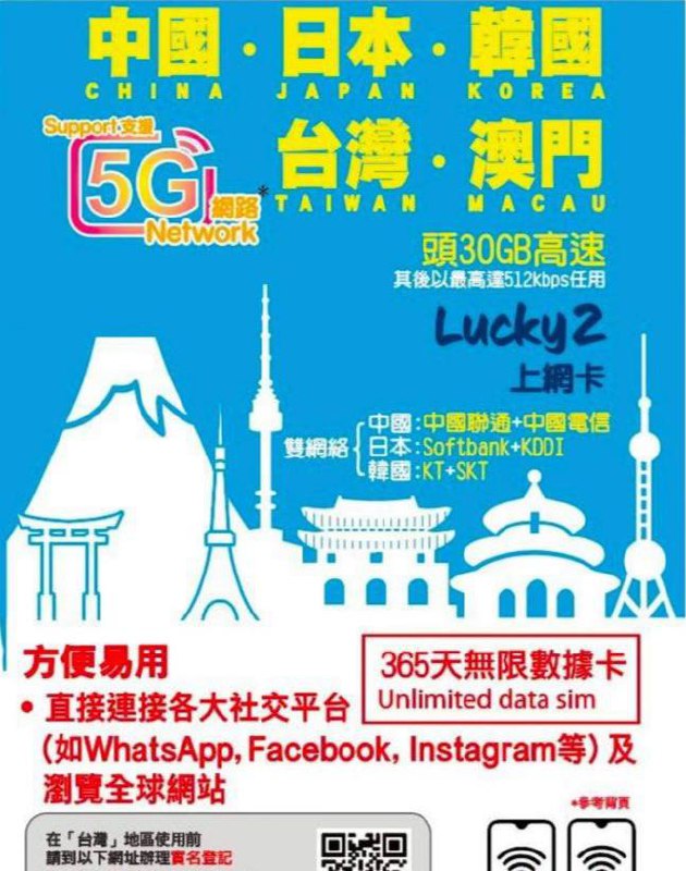 🇭🇰香港Lucky Mobile 包邮 ¥225套餐内容：一年内在中国/日本/韩国/台湾/澳门五地无限流量⚠️高速4G/5G流量总共有30G，用完后限速至不低于512kbps实用信息：无需实名 无法保号 无法充值 无号码