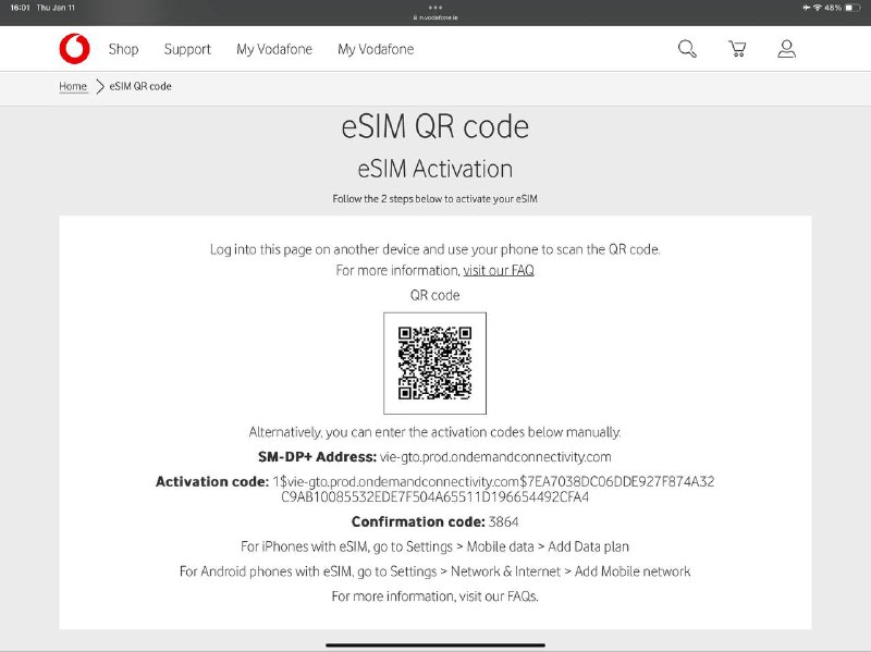 送6个Vodafone IE eSIM抢到了哪个请务必说一声，需要输入验证码confirmation code，看大家运气和手速了哦送6个Vodafone IE eSIM抢到了哪个请务必说一声，需要输入验证码confirmation code，看大家运气和手速了哦
