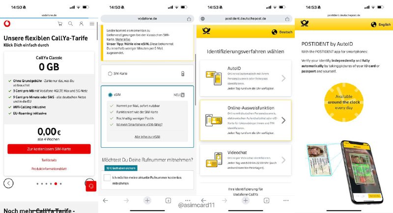 🇩🇪德国Vodafone已支持线上自助实名激活SIM/eSIM卡开卡方式：开卡无需付费，需实名1️⃣访问 