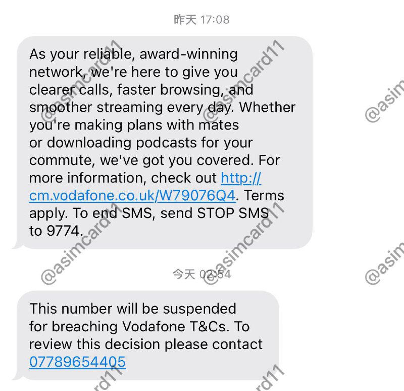 🇬🇧英国SIM卡对0月租套餐漫游限制1️⃣英国Vodafone UK，主要有三种现象1:已激活卡有信号，可以查询余额，但是任何服务都无法使用，咨询Vodafone客服则会让你购买套餐使用2:未激活新卡有信号，无法激活，你跟客服说“我不在英国”他就回“你必须回英国才能激活卡”，你跟客服说“我在英国”他就回“在英国不可能收不到验证码”3:直接收到号码被停机的短信：This number will be suspended for breaching Vodafone T&Cs. To review this decision please contact 07789654405.由于Vodafone UK官网的条款与细则提到了“不可以超乎合理情况的使用漫游”，而此前客服否认漫游会停卡，个人认为也许是最近漫游用户激增以及被不法分子卡bug薅巨量漫游流量导致的2️⃣英国Three UK不允许在71个地区长期使用漫游流量包（中国大陆不受影响，不开套餐不受影响）Three UK一位客户也收到了号码被停机的短信：Our records show you've been roaming in our Go Roam destinations for 2 complete months or more and are in breach of our fair use policy. Unless you use your phone in the UK , your roaming services will be suspended.Three UK关于长期漫游被停卡情况并不明确，其次中国大陆并不在“Go Roam destinations”，而官网并没有提到无法长期漫游的条款，而客服明确表示中国大陆不在限制区域💡如果你想确保你的英国号码万无一失，建议购买你所对应运营商的月付套餐以使用，或是携号转网至EE/o2/giffgaff等确定可长期使用的运营商英国号码携号转网方式：发送短信PAC至65075，将收到的授权码提供给你的新运营商即可完成转网@asimcard11