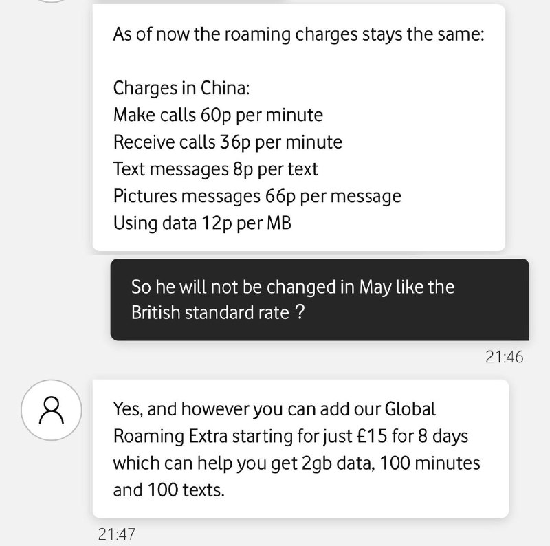 🇬🇧英国Vodafone UK将在5月上涨Pay as you go套餐用户的短信/电话费用但好消息是，经过咨询客服，确认在中国漫游并不涨价，与先前资费完全一致