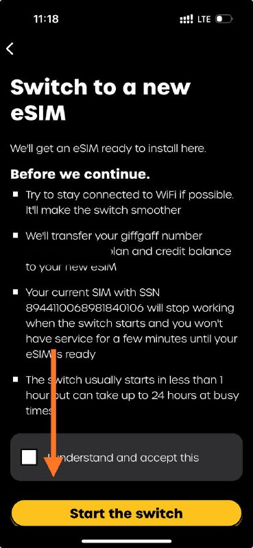 如何将giffgaff UK从SIM转换为eSIM？1:下载并打开giffgaff应用程序2: 获取手机号 登录账号后点击右下角“Account”3: 点击“SIM”选项 并选择“Replace my SIM”4: 选择“Switch to a new eSIM”5: 勾选“I Understand”后选择“Start the switch”6: 选择“Instal eSIM”7: 耐心等待0.5-24小时后eSIM即可转移成功如何将giffgaff UK从SIM转换为eSIM？1:下载并打开giffgaff应用程序2: 获取手机号 登录账号后点击右下角“Account”3: 点击“SIM”选项 并选择“Replace my SIM”4: 选择“Switch to a new eSIM”5: 勾选“I Understand”后选择“Start the switch”6: 选择“Instal eSIM”7: 耐心等待0.5-24小时后eSIM即可转移成功
