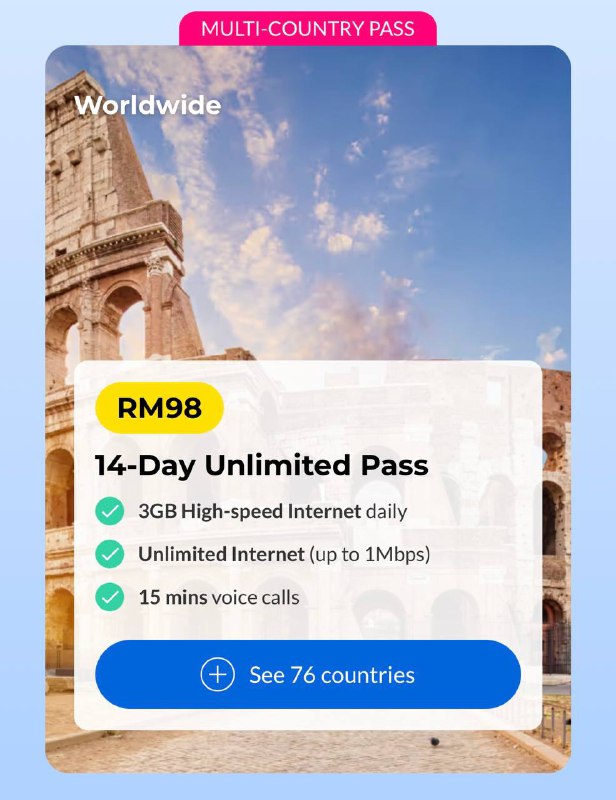 🇲🇾马来西亚Celcom 漫游套餐涨价&更新3日漫游套餐：包含每日2GB漫游流量，通话分钟由原先的30分钟降为15分钟，售价48RM7日漫游套餐：包含每日2GB漫游流量，原不包含通话分钟，现增加15分钟，售价58RM新增14日漫游套餐：包含每日3GB漫游流量，15分钟通话，售价98RM30日漫游流量：每日流量由2GB增加至3GB，带15分钟通话，其他国家与地区售价118RM，中国大陆售价148RM所有套餐高速流量用完后均有1Mbps无限低速流量中国漫游：中国移动/联通5G套餐适用包含欧盟、英国、美国、中港澳台等76个国家与地区🇲🇾马来西亚Celcom 漫游套餐涨价&更新3日漫游套餐：包含每日2GB漫游流量，通话分钟由原先的30分钟降为15分钟，售价48RM7日漫游套餐：包含每日2GB漫游流量，原不包含通话分钟，现增加15分钟，售价58RM新增14日漫游套餐：包含每日3GB漫游流量，15分钟通话，售价98RM30日漫游流量：每日流量由2GB增加至3GB，带15分钟通话，其他国家与地区售价118RM，中国大陆售价148RM所有套餐高速流量用完后均有1Mbps无限低速流量中国漫游：中国移动/联通5G套餐适用包含欧盟、英国、美国、中港澳台等76个国家与地区