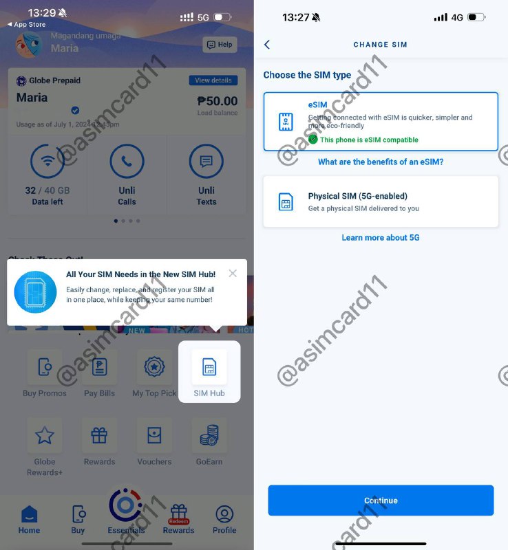 🇵🇭菲律宾Globe实体卡已支持转eSIM2024.8更新，此功能已正式上线将GlobeOne App更新到最新版本后，会弹窗“SIM Hub”的提示，告知你可以在此选项内管理SIM/eSIM等信息在“SIM Hub”-Change SIM中，eSIM的选项已不再是灰色，可点按，但目前还并未完全支持转换服务，期待正式上线菲律宾Globe是大家熟知的菲律宾运营商，可以在GlobeOne App中直接开通新eSIM，售价99菲律宾比索，对于持有实体卡的朋友，支持转换为eSIM服务也方便了保号以及继续使用