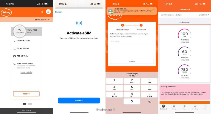 🇳🇿新西兰Skinny Prepaid eSIM⚠️更新：现时eSIM开卡也需于新西兰本地激活，开卡后请不要拨打激活电话，正常接码可使用八年新西兰是位于太平洋西南部的岛国Skinny是Spark NZ的MVNO，覆盖了新西兰98%的人口，提供4G/5G服务，且价格较为实惠💡 在9.14时，Skinny更新激活限制，需在新西兰本地激活，但我们发现eSIM并无此限制，可以漫游激活  ［Link］开卡方式：开卡可选最低5$(NZD，约为21人民币)，无需实名1️⃣访问 www.skinny.co.nz/pricing/plans/#combo_weekly ，选择7天5$的套餐，选“I want to bring my phone”，可携号转网或获取新号码，并在“SIM type”中选择“eSIM”，最后点“Proceed to checkout”结账2️⃣注册账号，邮箱验证即可，付款前需要在“Security Information”一栏填入证件上的姓名以及生日，不验证但建议如实填写
