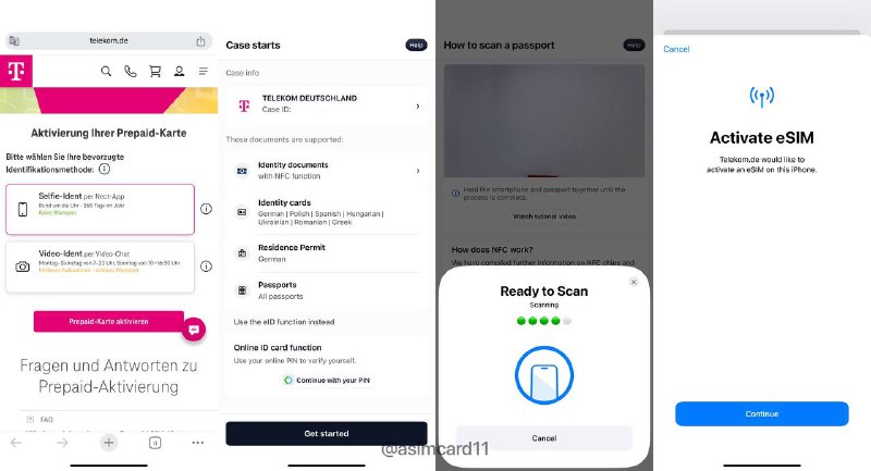 🇩🇪德国Telekom预付费SIM/eSIM卡Telekom是德国最大的运营商，覆盖最好，网速最快，拥有超千万用户德国三大运营商Telekom、Vodafone与O2都支持预付费eSIM，而Telekom是其中实名激活最为方便的运营商，无需在线视频实名，但需要实体卡转eSIM获取实体SIM卡方式：1.找 @asimcard11 购买带10欧元话费的预付卡 有现货2.在德国Amazon购买，推荐购买基础预付费卡(Telekom Magenta Mobil)，包含10欧元话费，可找转运或直接寄中国 