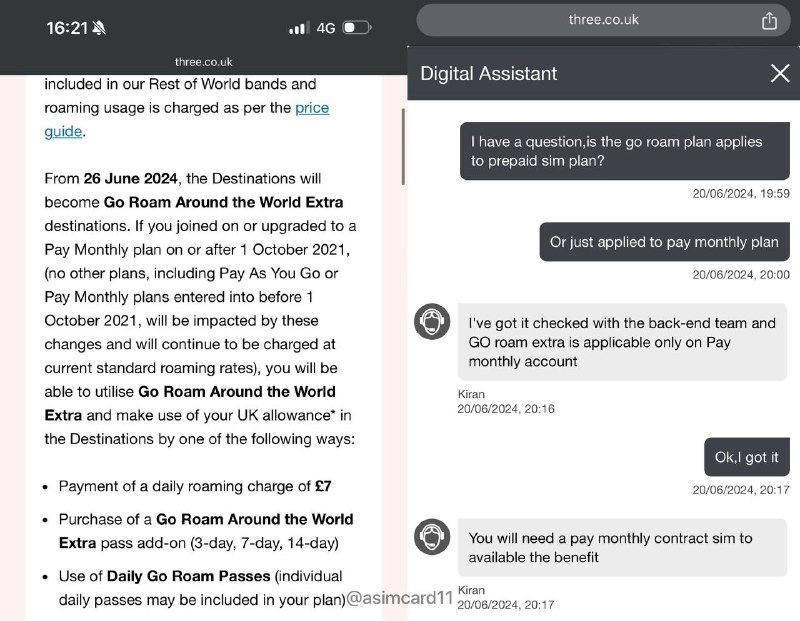 🇬🇧Three UK漫游更新  从2024年6月26日起，中国大陆等国家将成为Go Roam Around the World Extra目的地支持的套餐类型：在 2021年10月1日或之后开通的Pay Monthly套餐（不包含2021年10月1日之前开通的Pay Monthly及Pay as you go套餐）联系客服后，我们确认只有Pay Monthly（按月付费）卡才能使用此服务，Pay as you go（预付卡）不会受到限制因此，请放心使用你的Three UK预付卡，他不会因为长期呆在“Go Roam Destination”而被停止漫游@asimcard11