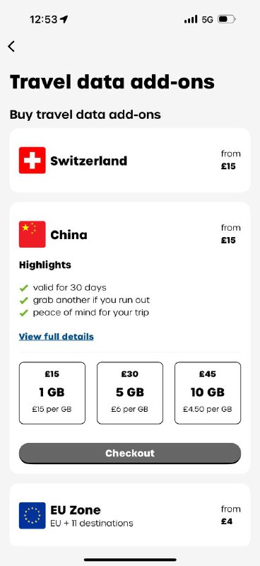 🇬🇧英国giffgaff漫游更新giffgaff新增了瑞士、中国、欧盟（+11地区）、土耳其、美国在内的共42个地区的漫游流量套餐中国漫游套餐：  30天/15英镑/1GB  30天/30英镑/5GB  30天/45英镑/10GB开通方式：将giffgaff App更新到最新版本后，点击主页的View travel data add-ons后选择套餐即可（付款仅能使用银行卡，无法使用话费余额与PayPal）中国大陆套餐外漫游资费：  收短信：免费  发短信：0.3英镑/条  打电话：1英镑/分钟  接电话：1英镑/分钟  用流量：0.2英镑/每MWi-Ficalling资费：  收短信：免费  发短信：0.1英镑/条  打电话：0.25英镑/分钟总结：相较于套餐外流量资费，套餐较为便宜，但仍然不推荐购买，仅建议在紧急时购买备用，保号仍推荐使用Wi-Ficalling发短信🇬🇧英国giffgaff漫游更新giffgaff新增了瑞士、中国、欧盟（+11地区）、土耳其、美国在内的共42个地区的漫游流量套餐中国漫游套餐：  30天/15英镑/1GB  30天/30英镑/5GB  30天/45英镑/10GB开通方式：将giffgaff App更新到最新版本后，点击主页的View travel data add-ons后选择套餐即可（付款仅能使用银行卡，无法使用话费余额与PayPal）中国大陆套餐外漫游资费：  收短信：免费  发短信：0.3英镑/条  打电话：1英镑/分钟  接电话：1英镑/分钟  用流量：0.2英镑/每MWi-Ficalling资费：  收短信：免费  发短信：0.1英镑/条  打电话：0.25英镑/分钟总结：相较于套餐外流量资费，套餐较为便宜，但仍然不推荐购买，仅建议在紧急时购买备用，保号仍推荐使用Wi-Ficalling发短信