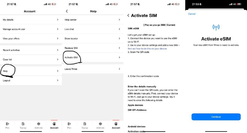 2024.5.21更新🇬🇧英国Three UK在App转eSIM后不会再发送eSIM信息至邮箱，需要在App内获取eSIM信息方法1:申请转eSIM后，打开Three App-登录账号后点击右下角Account-Help-Activate SIM即可看到你的eSIM详细信息及二维码（如图）方法2:登陆Three UK网页，